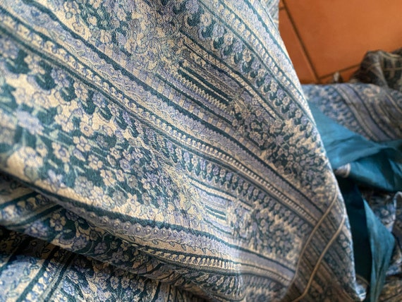 vintage silk sari blue grey floral stripes - image 4