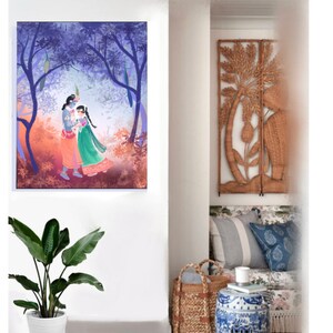 Radha Krishna Arte, amor divino hogar templo pared decoración bosque romance syamarts meditación Bhakti yoga dioses hindúes Bhakti