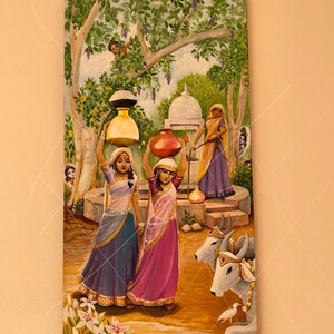 Radha gopi art cowherd girls carry yogurt devotional original painting prints available gopis vedic culture vrindavana india Syam Marquez