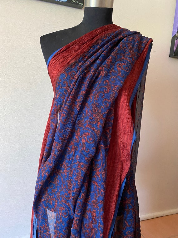 Chiffon silk sari vintage dark blue and tan