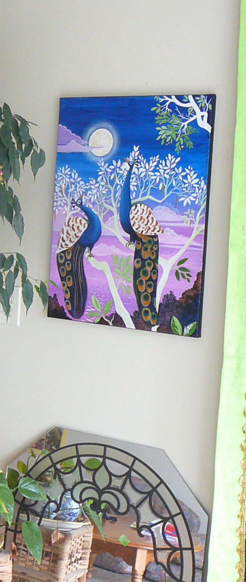 Original painting on canvas,or print any size The peacocks art, tree art, sunset, India, travel art, blues, mauves white tree Ganga Syamarts image 5