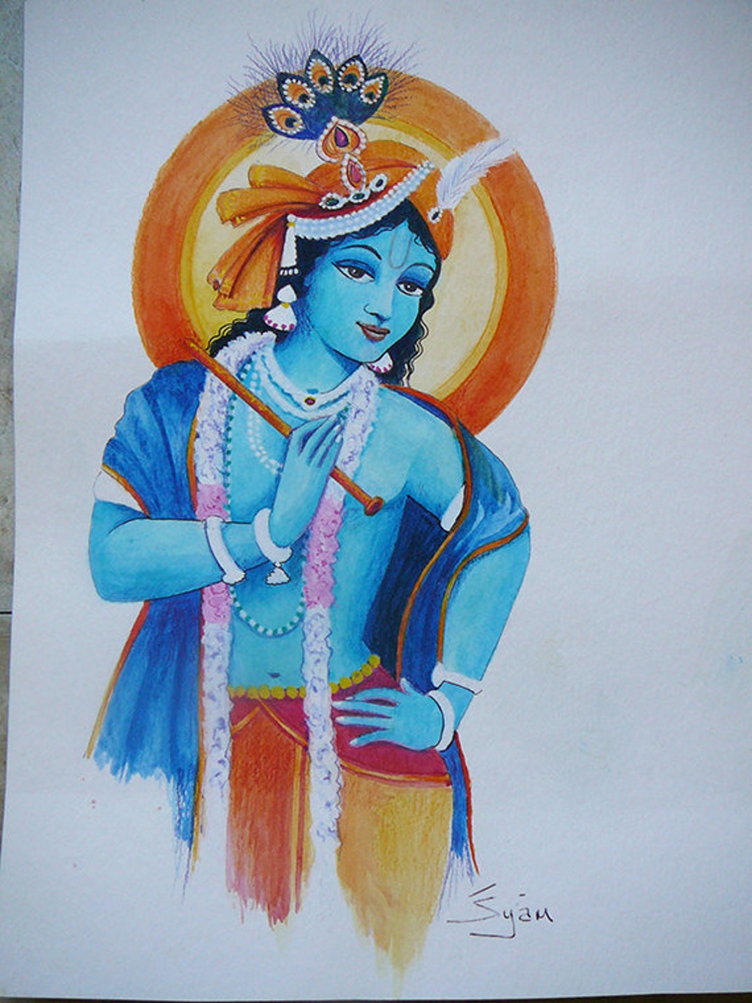 Krishna With Flute Watercolour Painting Hindu India Original - Etsy