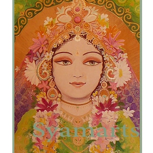 May include: A painting of a woman with a crown of flowers and a green and gold dress. The woman has a serene expression and is surrounded by a halo of light.