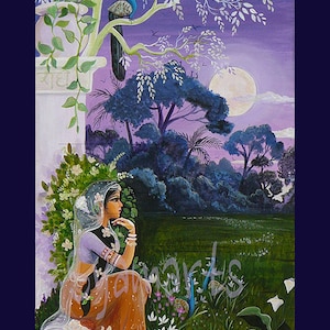 Radharani gopi espera Krishna noche de luna llena por Syam Marquez impresiones autmnal luna pintura moody evening devotional art dusk love romance
