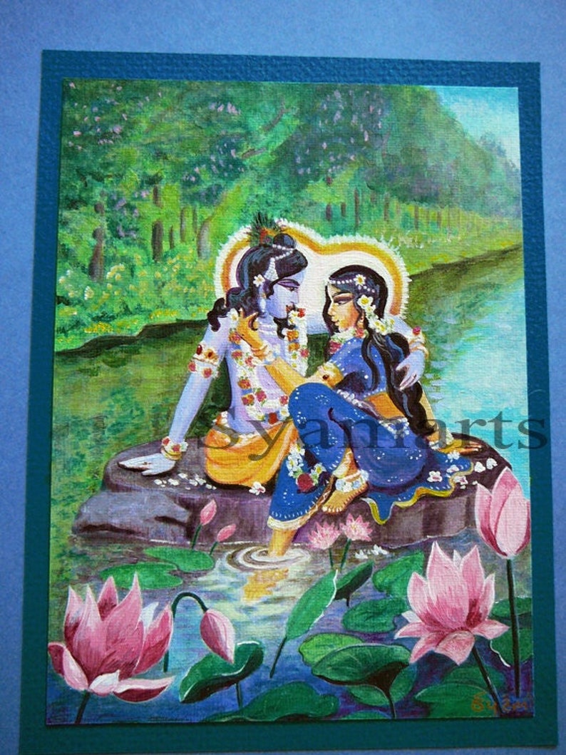 Radha Krishna by Yamuna river Divine couple syamarts eternal love krsna archival prints canvas prints greeting cards mini canvas available, image 1