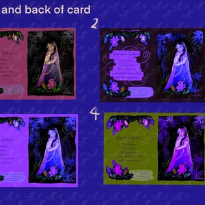 Puede incluir: Cuatro versiones diferentes de una tarjeta de felicitaci&oacute;n con una mujer con un vestido azul de pie en un bosque. El texto de la tarjeta dice "Syamarla Gallery, O Krishna, O My Love, Your presence is a blessing for humanity in the night blooming lilies."