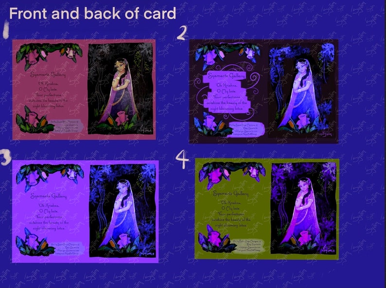 Puede incluir: Cuatro versiones diferentes de una tarjeta de felicitaci&oacute;n con una mujer con un vestido azul de pie en un bosque. El texto de la tarjeta dice "Syamarla Gallery, O Krishna, O My Love, Your presence is a blessing for humanity in the night blooming lilies."