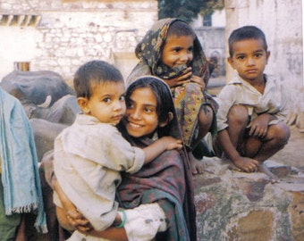 Indian village children smiling faces travel art, rural india, photo art, wall decor, Vrindavana earth tones natural ethnic tribal cultural