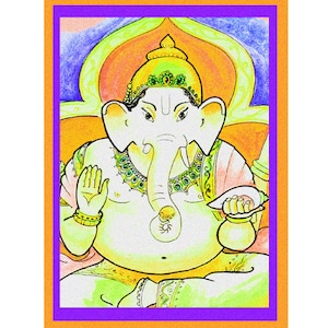 May include: A colorful illustration of the Hindu deity Ganesha, depicted with a large head, elephant trunk, and four arms. He is seated on a throne with a yellow and orange background. The image is framed in orange and purple.