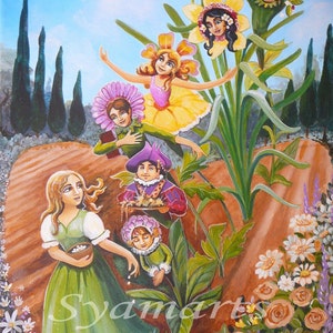 Puede incluir: Pintura original que representa una escena de jard&iacute;n caprichosa. Figuras con cabezas en forma de flor bailan entre plantas altas. Una mujer con un vestido verde sostiene un cuenco. La pintura presenta una paleta de colores vibrantes con un cielo azul y varias flores.