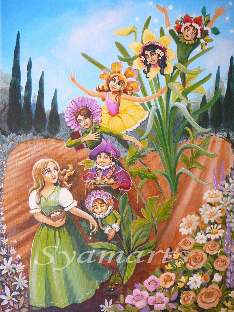 Puede incluir: Pintura original que representa una escena de jard&iacute;n caprichosa. Figuras con cabezas en forma de flor bailan entre plantas altas. Una mujer con un vestido verde sostiene un cuenco. La pintura presenta una paleta de colores vibrantes con un cielo azul y varias flores.