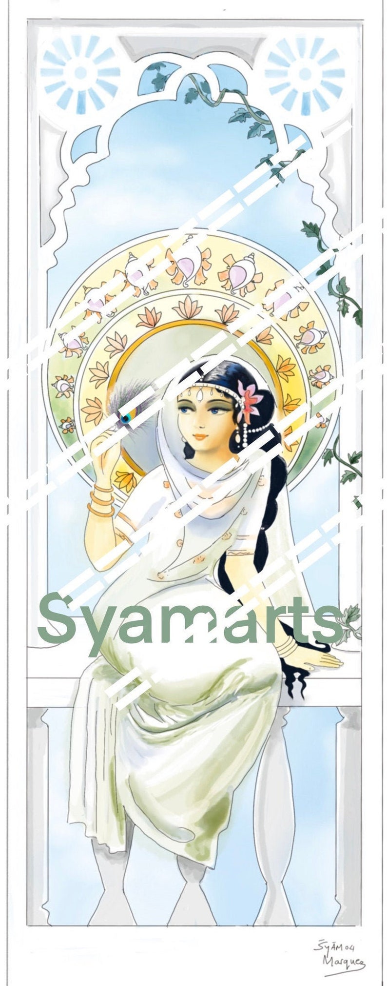 May include: A watercolor painting of a woman in a white sari, holding a peacock feather. She is sitting on a balcony with a view of a blue sky and white clouds. The painting is signed "Syam 04 Marque".