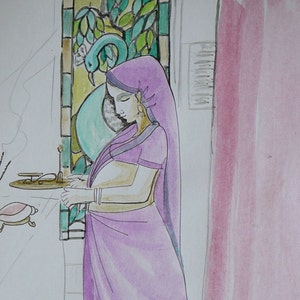 jeune fille enceinte bébé douches nouvelles mères puja original dessin au stylo et lavage cartes 11 x 8 art + copies disponibles