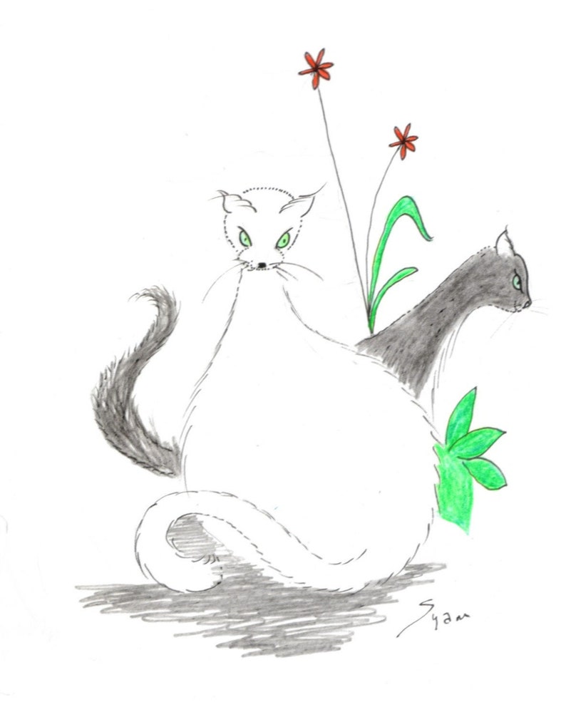 Two cats, Original drawing minature pencil sketch, cat art, feline animal love, kittens, grey and white cats with red flower. image 1