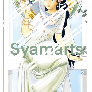 May include: A woman in a white sari sits on a balcony, holding a peacock feather. She has dark hair and is wearing a flower in her hair. The background is a colorful stained glass window with a floral design.