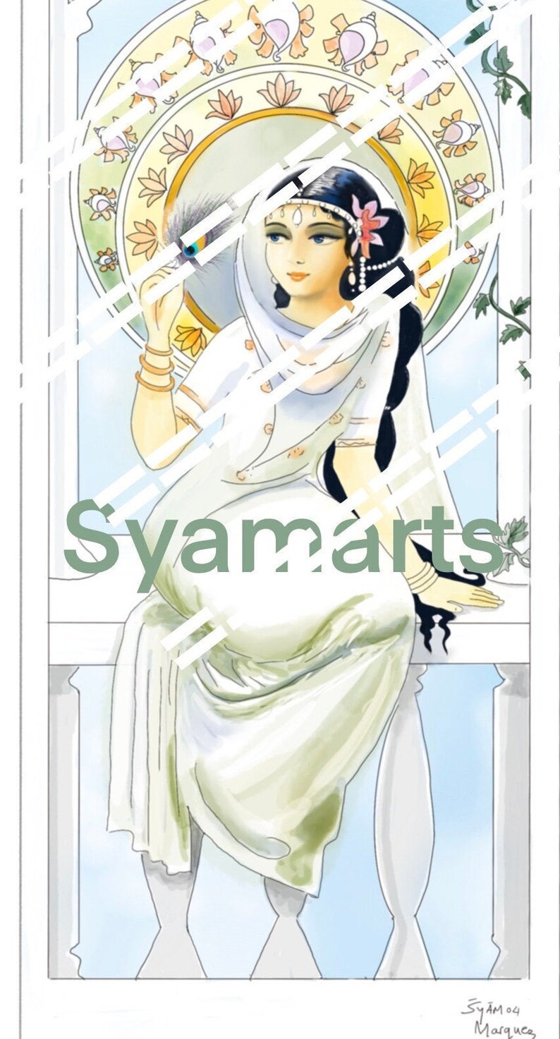 May include: A woman in a white sari sits on a balcony, holding a peacock feather. She has dark hair and is wearing a flower in her hair. The background is a colorful stained glass window with a floral design.