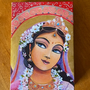 Radha portrait small painting acrylic on canvas gallery wrapped 4x6”