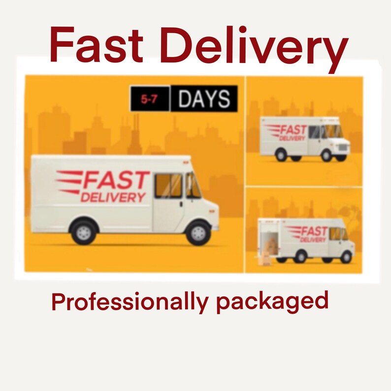 Puede incluir: Ilustraci&oacute;n de furgonetas de reparto blancas con la inscripci&oacute;n "Fast Delivery" y rayas rojas. La imagen tambi&eacute;n incluye el texto "5-7 D&Iacute;AS" y "Empaquetado profesionalmente" sobre un fondo amarillo.