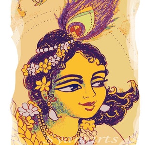 cartoon Krishna line drawing syamarts naughty lotus eyed boy wall art nurseries childrens wall art peacock feather portrait yellow