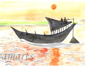 minature original watercolor sunset Painting boat on Ganga India ancient boat galleon, 5x5 inches square picture modern home decor