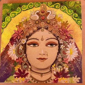 May include: A painting of a woman with a golden crown and flowers in her hair. She has green eyes and is wearing a gold necklace. The background is a golden yellow with green swirls.
