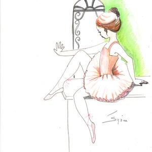 Original pen drawing with watercolor..The little ballerina in Italy, ballet art, ballerina, girl in tutu, painting, ink sketch image 3