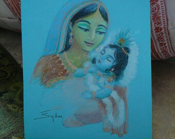 The beloved of all souls, Child Krishna with mother, mother and child. original pencil drawing..baby krishna