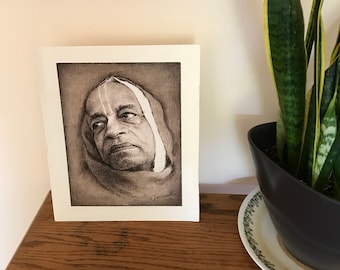 Charcoal drawing original Srila Prabhupada modern Indian saint vaisnava Krishna devotee syamarts