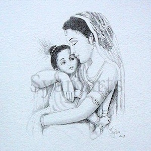 Mère Krishna Yasoda enfant syamarts dessin original au crayon madonna estampes disponibles baby showers maternité dessin au crayon cartes d'art