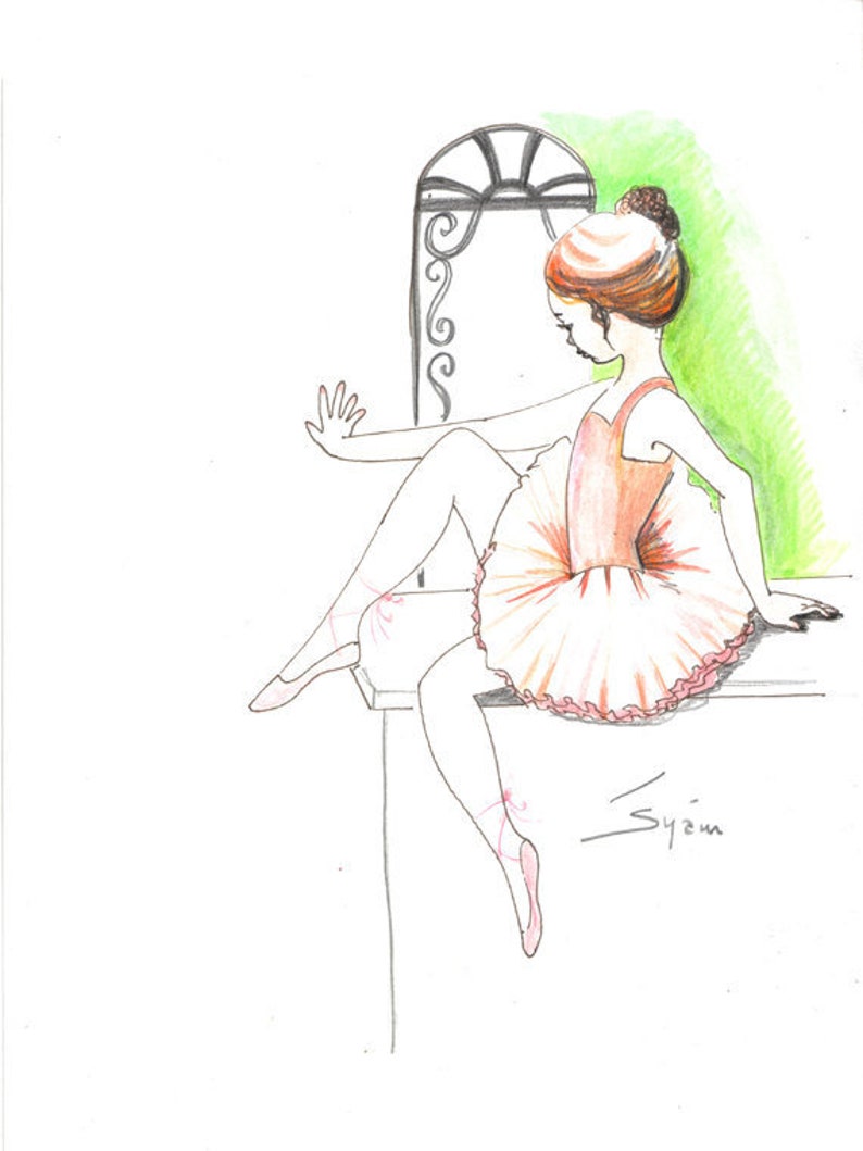 Original pen drawing with watercolor..The little ballerina in Italy, ballet art, ballerina, girl in tutu, painting, ink sketch image 1