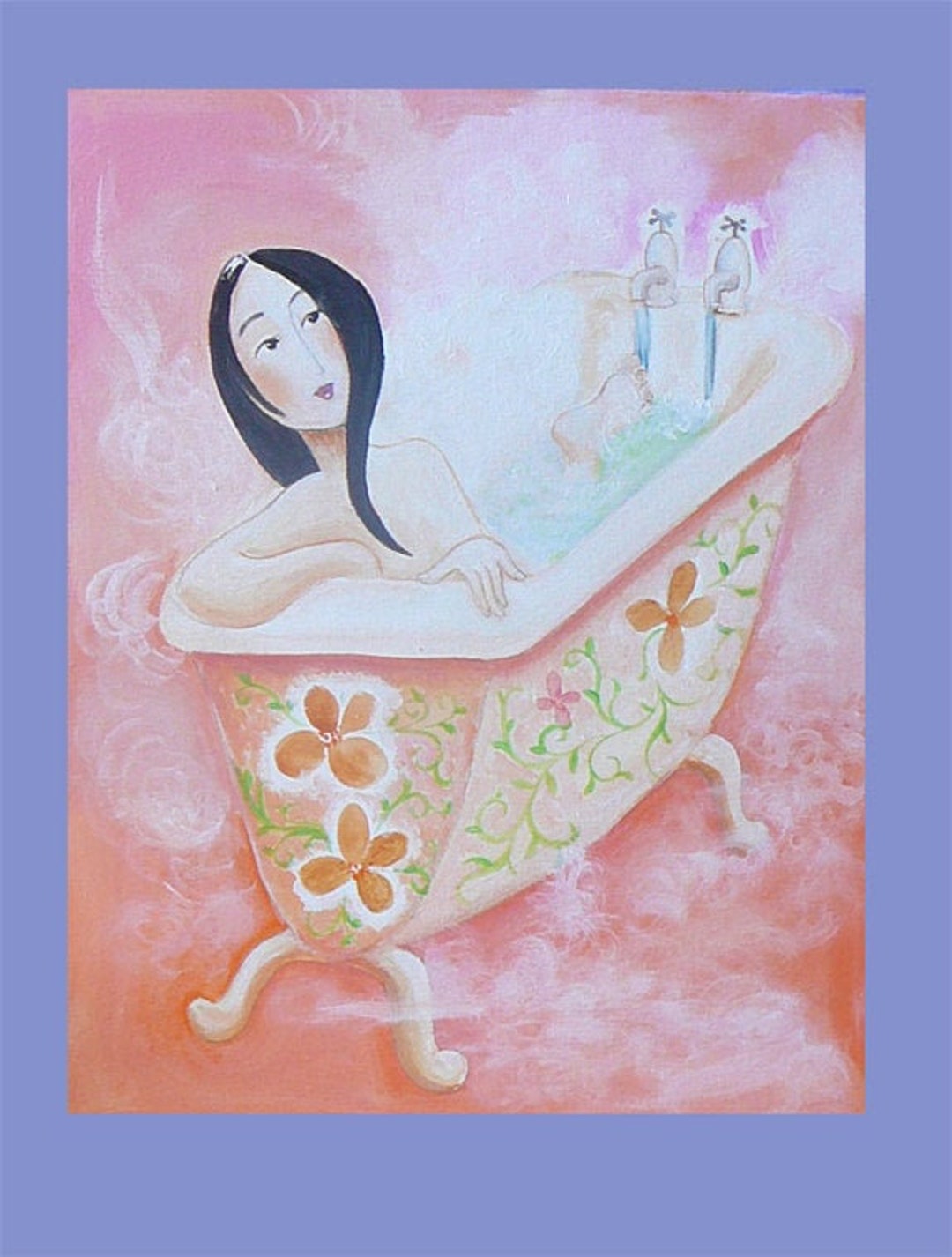 Bathroom Art, Folk Art,steamy Saffron, Hot Bath, Girl in Bath, Acrylic ...