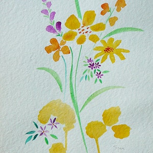 Acuarela flores brillante alegre original pintura colores sol naranja amarillo de madera de tarjetas arte splash syamarts