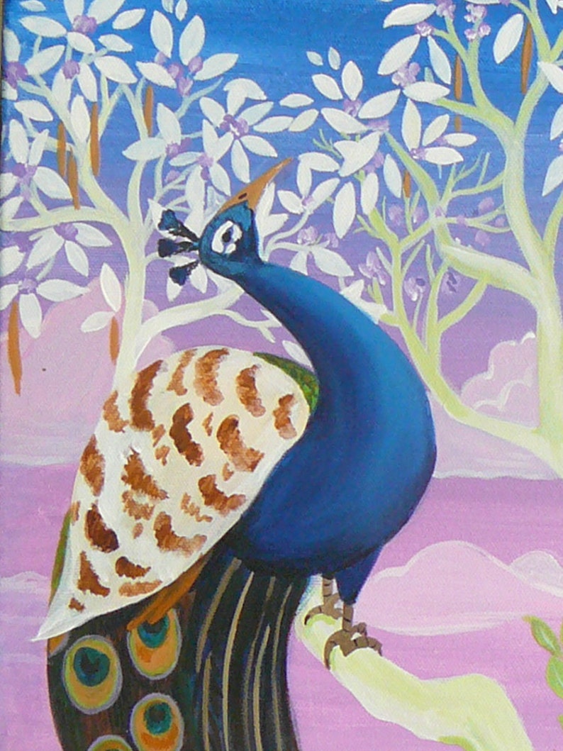 Original painting on canvas,or print any size The peacocks art, tree art, sunset, India, travel art, blues, mauves white tree Ganga Syamarts image 2
