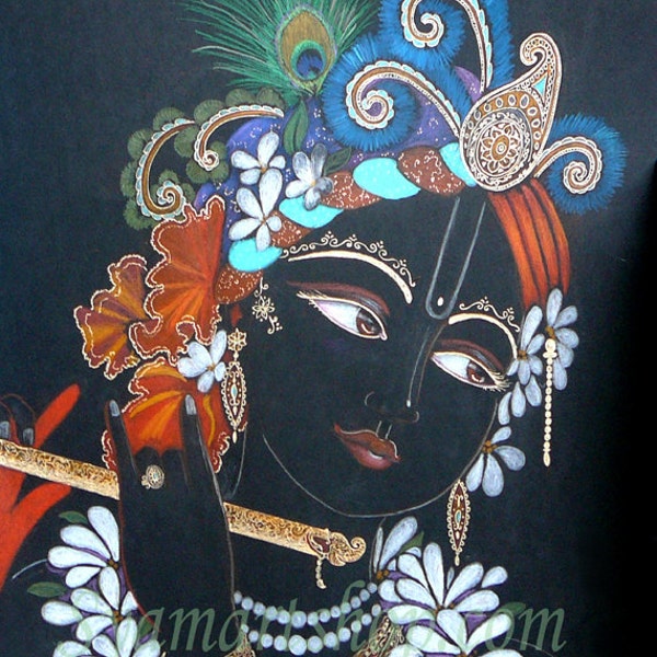 Krishna Gopal flute player drawing original large Krsna art print in red gold black art pencil drawing Syamarts meditation art