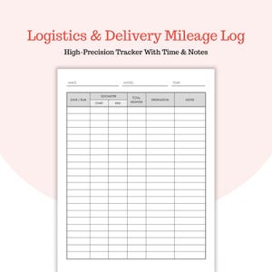 May include: A white mileage log for tracking logistics and delivery mileage, with fields for date, odometer readings, destination, and notes. The title "Logistics & Delivery Mileage Log" is in red script.