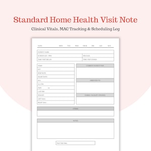 Puede incluir: Un documento en blanco titulado "Standard Home Health Visit Note" con secciones para constantes vitales clínicas, seguimiento MAC y programación. El documento incluye campos para información del paciente, signos vitales y notas.