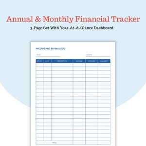 May include: A white financial tracker with blue grid lines and the text "Annual & Monthly Financial Tracker" in red. The text "3-Page Set With Year-At-A-Glance Dashboard" is also visible. The tracker includes sections for income and expenses.