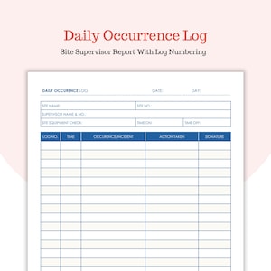 Könnte beinhalten: Ein weißes Daily Occurrence Log mit blauem Text und Linien. Der Titel "Daily Occurrence Log" ist rot. Das Protokoll enthält Felder für Standortname, Supervisor, Zeit und Vorfalldetails. Der Text "Site Supervisor Report With Log Numbering" ist ebenfalls sichtbar.