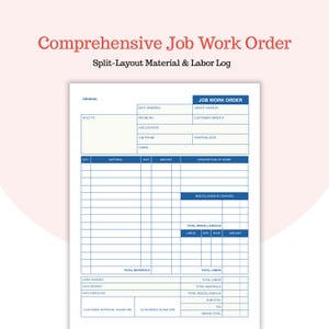 Puede incluir: Un formulario completo de orden de trabajo con un diseño dividido para registros de materiales y mano de obra. El formulario incluye secciones para detalles del trabajo, material, mano de obra y cargos diversos. El texto incluye "Comprehensive Job Work Order" y "Split-Layout Material & Labor Log".