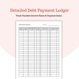Puede incluir: Un libro mayor de pago de deudas blanco con el título "Detailed Debt Payment Ledger" en texto rojo. El libro mayor incluye columnas para fechas de vencimiento, tasas de interés y saldos. El texto "Track Variable Interest Rates & Payment Dates" también es visible.