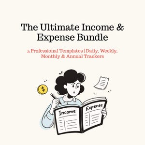 Puede incluir: Ilustración de una persona revisando un libro de ingresos y gastos. El libro está abierto, mostrando las palabras "Ingresos" y "Gastos". Una moneda de oro con un signo de dólar flota cerca. El texto dice "The Ultimate Income & Expense Bundle".