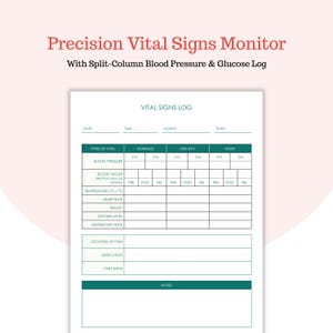 Puede incluir: Un registro de signos vitales blanco con encabezados para la presión arterial, el azúcar en sangre, la temperatura, la frecuencia cardíaca, el peso, el nivel de oxígeno y la frecuencia respiratoria. El registro incluye espacio para lecturas de la mañana, del mediodía y de la noche.