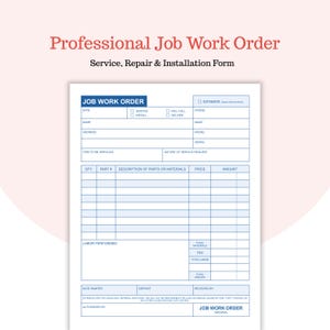 Könnte beinhalten: Ein weiß-blaues professionelles Arbeitsauftragsformular mit dem Titel "Professional Job Work Order" in Rot. Das Formular enthält Abschnitte für Servicedetails, Kundeninformationen sowie eine Aufschlüsselung von Teilen und Arbeitskosten.