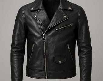 Leather Biker Jacket Black Handmade jacket: Men's Asymmetrical Moto Style