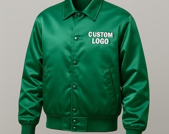 May include: A vibrant green satin jacket with a button-up front, collar, and ribbed cuffs and hem. The text "CUSTOM LOGO" is displayed in white on the chest. This jacket is a stylish outerwear option.