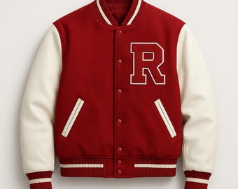 May include: A red varsity jacket with cream-colored sleeves. The jacket features a large white letter "R" on the chest, white stripes on the cuffs and hem, and a white collar. The jacket has a button-up front.