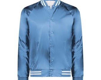 May include: A light blue satin bomber jacket with a white collar and cuffs. The jacket has a button-up front and two white stripes on the cuffs and waistband. The jacket is a classic style.