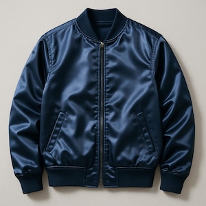 May include: A navy blue satin bomber jacket with a full-length zipper closure. The jacket features a ribbed collar, cuffs, and hem. Two front pockets are visible. The jacket is a solid color and has a shiny appearance.
