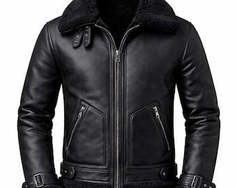 May include: A black leather jacket with a shearling collar and lining. The jacket features a zip-up front, two zippered pockets, and adjustable straps at the waist and cuffs. The jacket is designed for cold weather.
