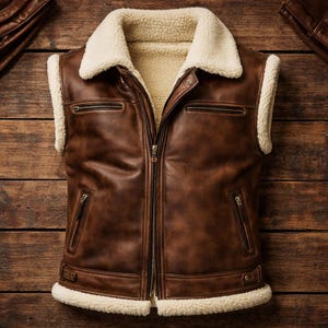 Pode incluir: Um colete de couro castanho com gola e forro de pele de ovelha creme. O colete tem fecho de correr frontal, dois bolsos no peito com zíper e dois bolsos inferiores. O colete sem mangas tem um estilo clássico e robusto.